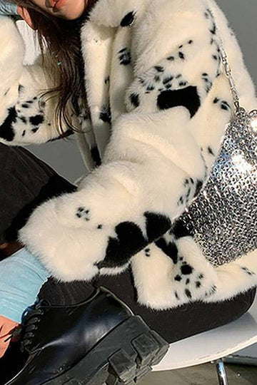 White Printed Lapel Faux Fur Women Coat